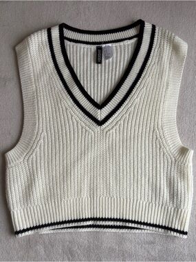 H&M Cream V-Neck Knit Sweater Vest with Black Stripe Trim